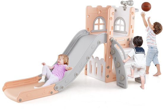 COSTWAY 4-in-1 Kinderglijbaan – Met Basketbalring, Ladder En Ringwerpen, Groen/grijs, Voor Binnen En Buiten