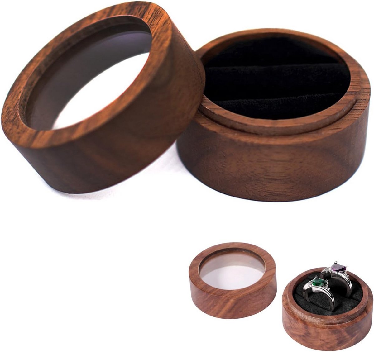 Ronde Houten Ringendoos Walnoot voor Trouwringen en Verloving - Rustiek en Compact met Fluweel
