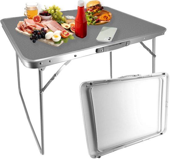 Grijze klaptafel, 80x60cm, met een tafelblad vol met eten en drinken. Getoond met gesloten tafel ernaast.