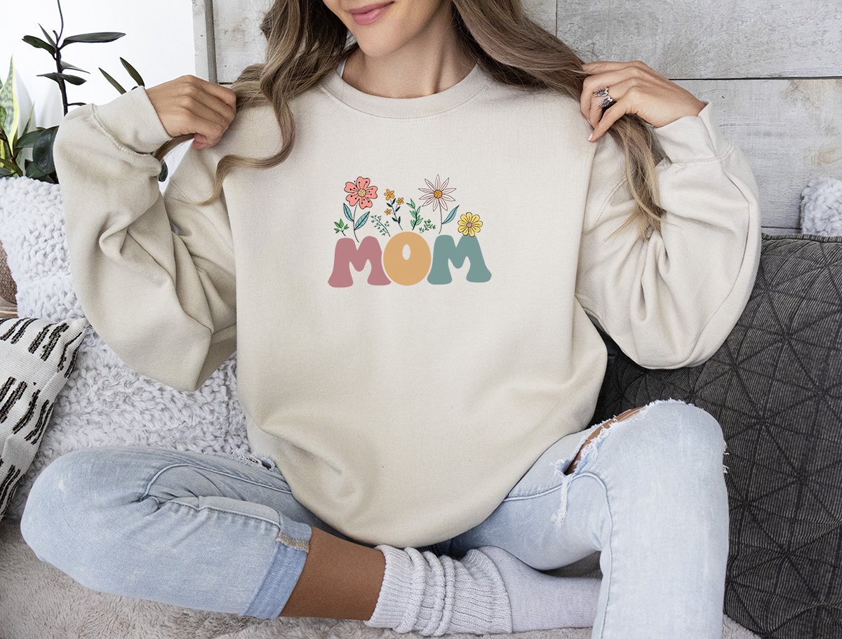 Beige Oversized Sweater voor Vrouwen - Mom Print met Bloemen - Medium - Comfortabele Trui - Perfect Cadeau voor Moeders