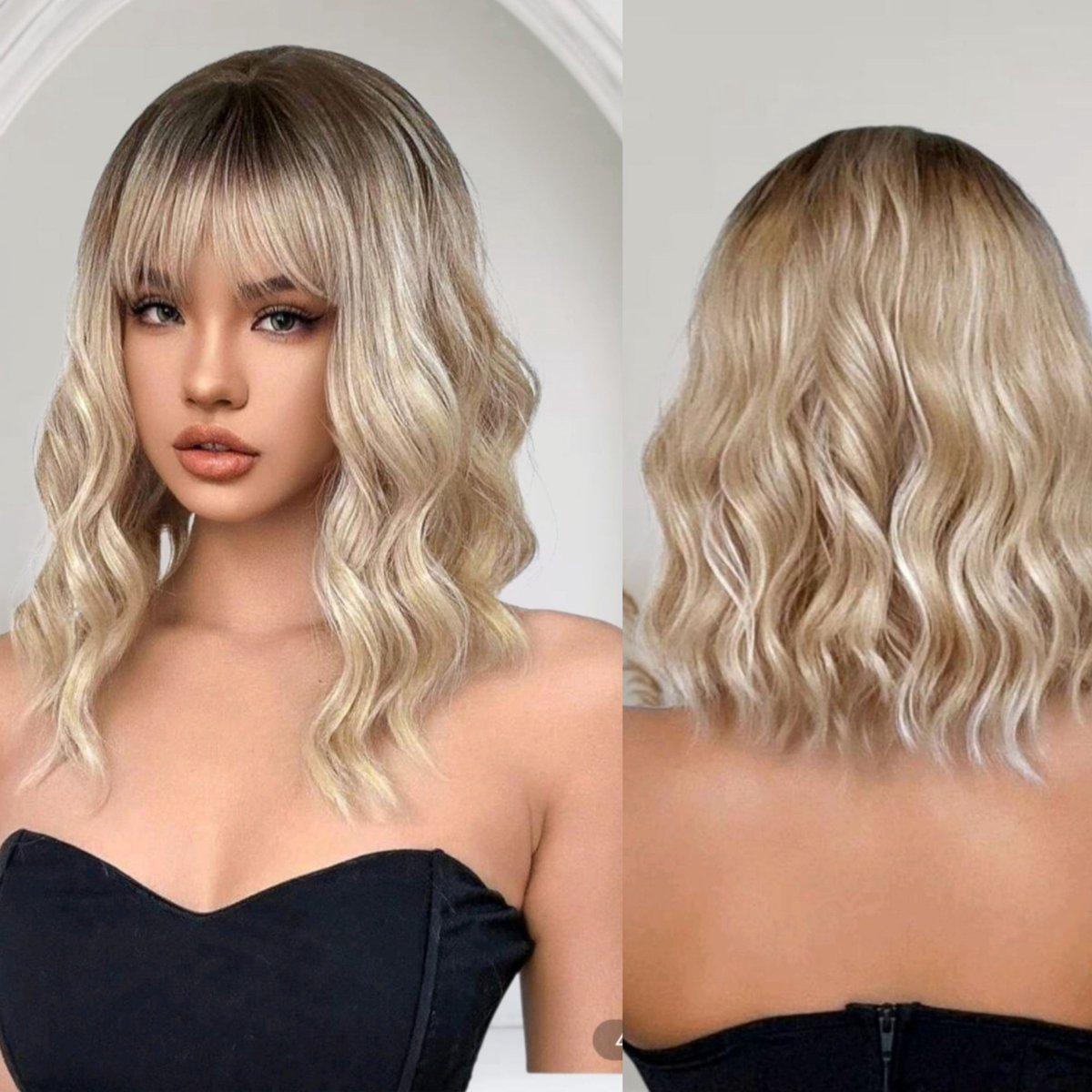 Bob Pruik Dames 35 cm – Mix Kleur Ombre Blond met Bruine Wortels – Amerikaans & Europees Model – Kort Pruik met Pony – Hittebestendig Synthetisch Haar – Natuurlijke Look – Wasbaar