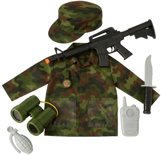 Goodz4All Verkleedkleding Carnavalskleding Kind Kostuum Militair Soldaat Leger Kostuum 3-8 Jaar – Walkie Talkie Geweer Mes Granaat Verrekijker