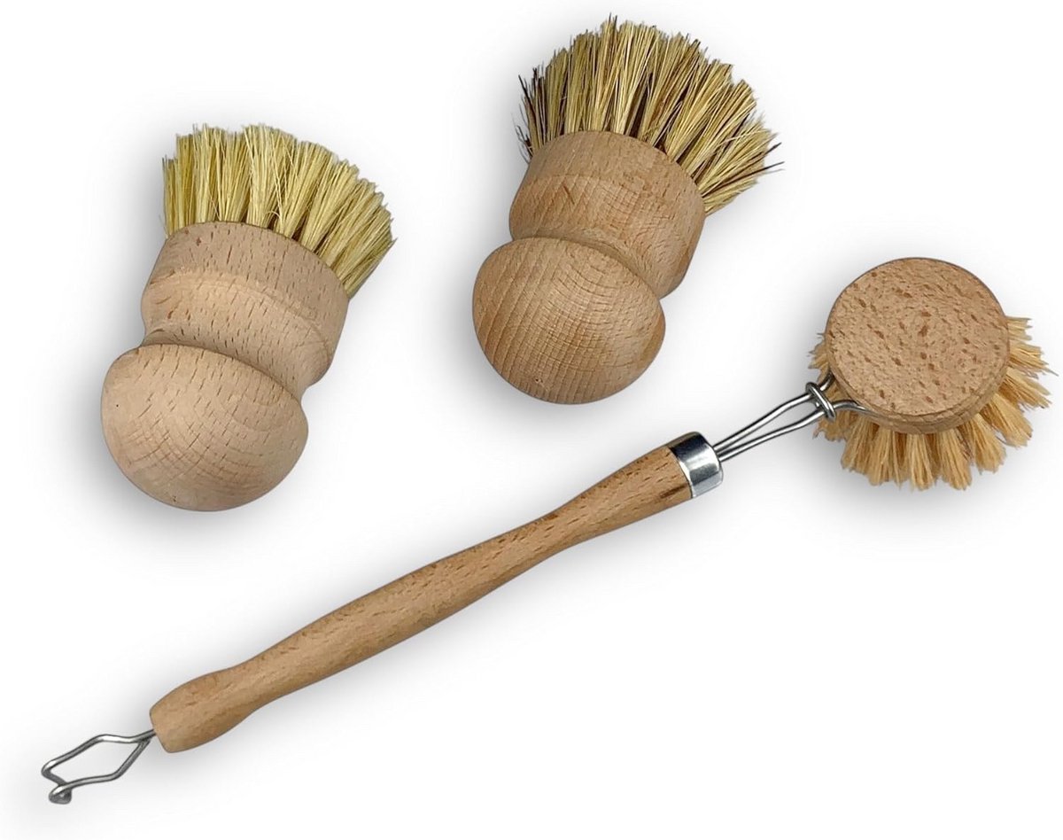 Set van 3 Houten Borstels: Afwasborstel en 2 Groenteborstels - Natuurlijke Vezels