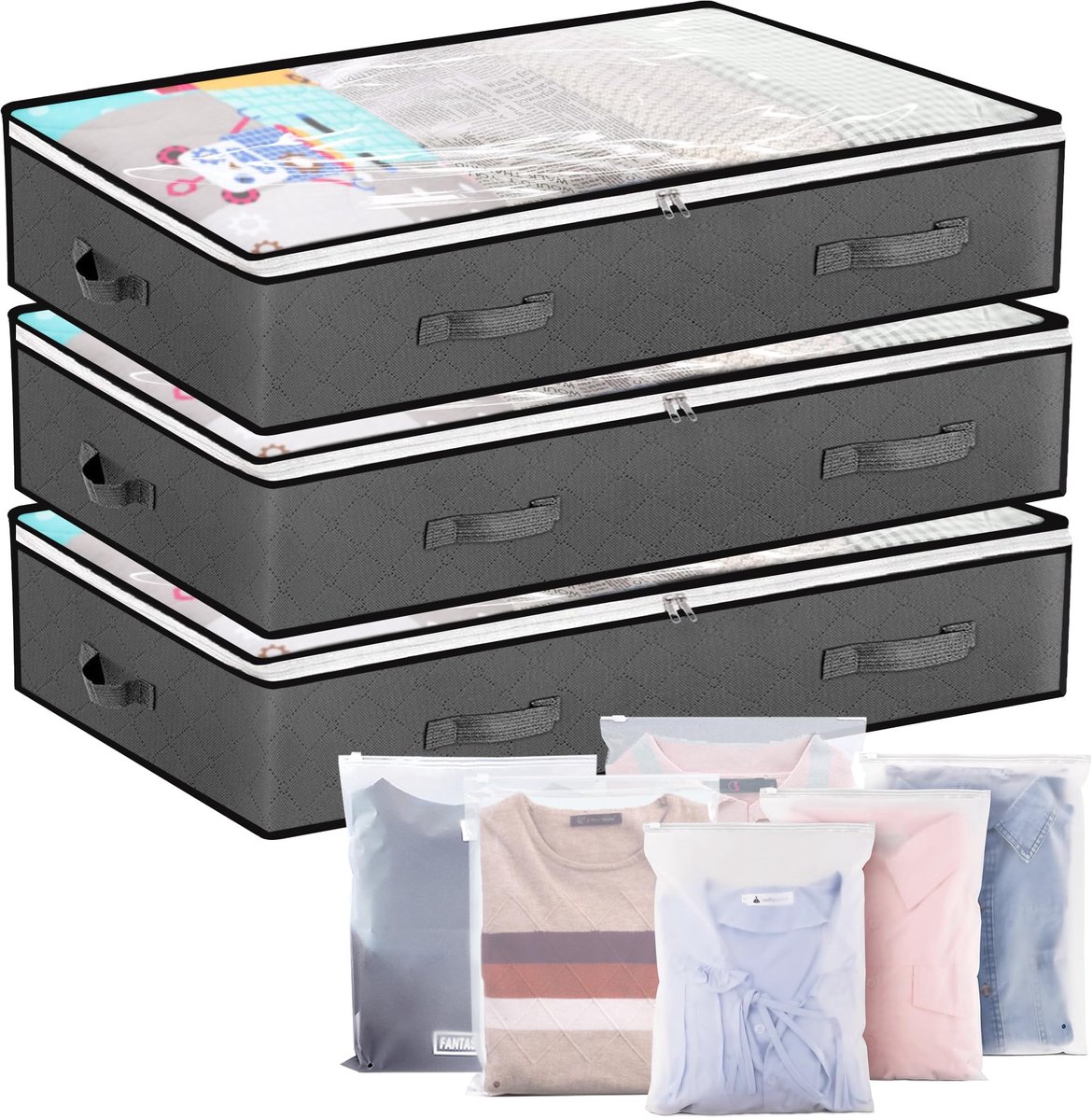 Unyqoos® Set van drie opvouwbare onderbed opbergboxen met zes vakken en ritssluiting