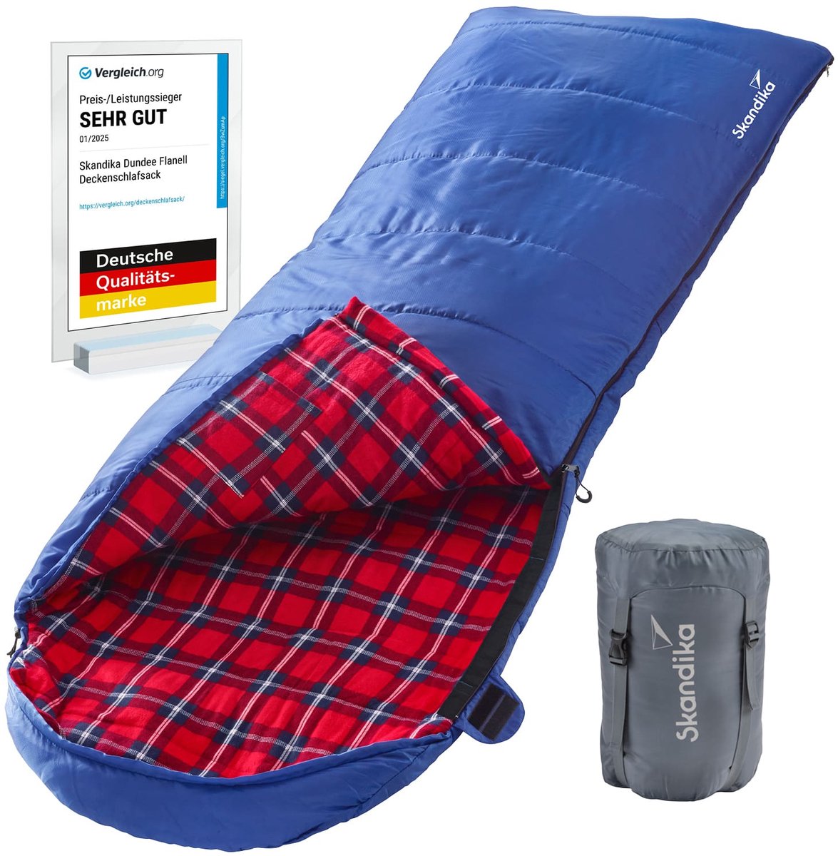 Skandika Dundee Flannel-L Slaapzak – Dekenmodel slaapzakken – Slaapzakken volwassen - Maat M – Unisex - Katoen, luxe kwaliteit, dubbele slaapzak, 3 seizoenen, tot -20°C - 220 x 80 cm - Outdoor kampeerslaapzak – Ritssluiting links - blauw/rood