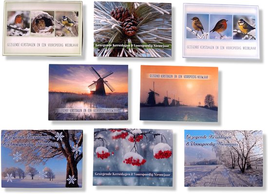 Negen kaarten met winterse taferelen: vogels, dennenappels, molens, sneeuwlandschappen en rode bessen. Tekst: Gezegende kerstdagen en een voorspoedig nieuwjaar.