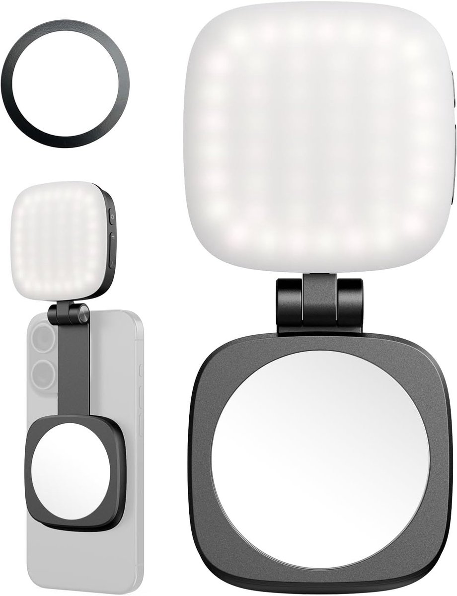Kleine verstelbare magnetische selfie lamp (geschikt voor iPhone), verlichting voor mobiele telefoon met spiegel, direct te verbinden met een magnetische zuignap, geschikt voor selfies, videoconferenties, (zwart)