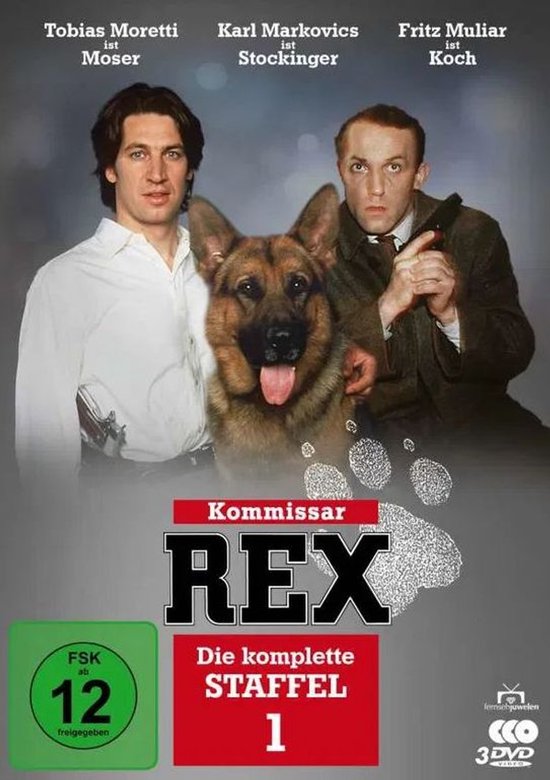 Tobias Moretti als Moser, Karl Markovics als Stockinger, Fritz Muliar als Koch en een Duitse herder staan op de DVD-hoes van Kommissar Rex.