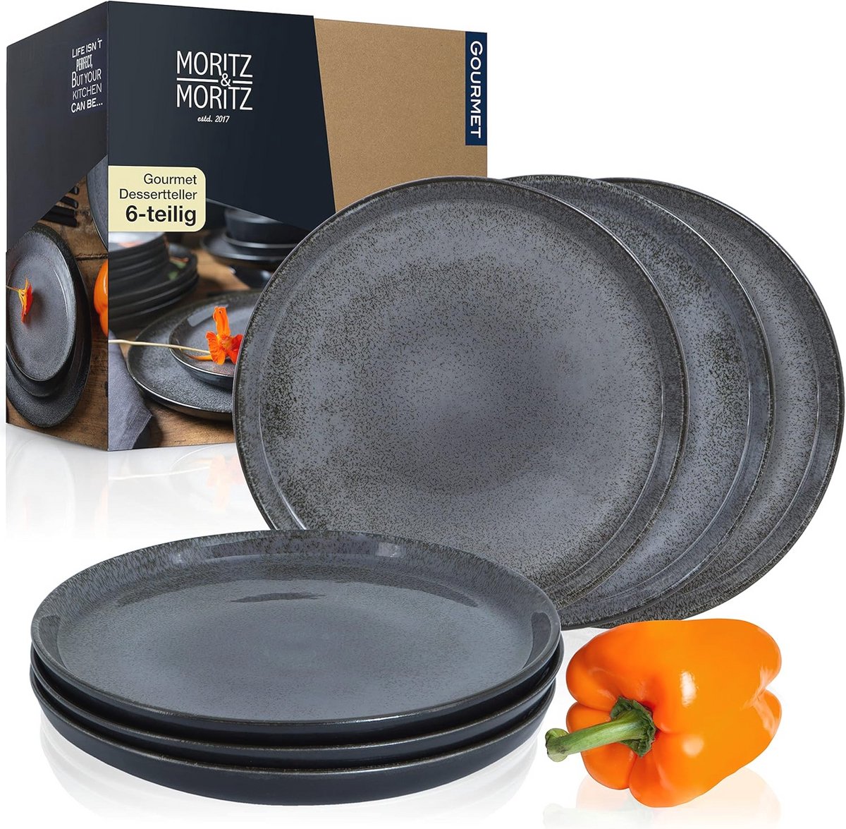Set van 6 dessertborden - Antraciet, Porselein, Vaatwasser- en Magnetronbestendig