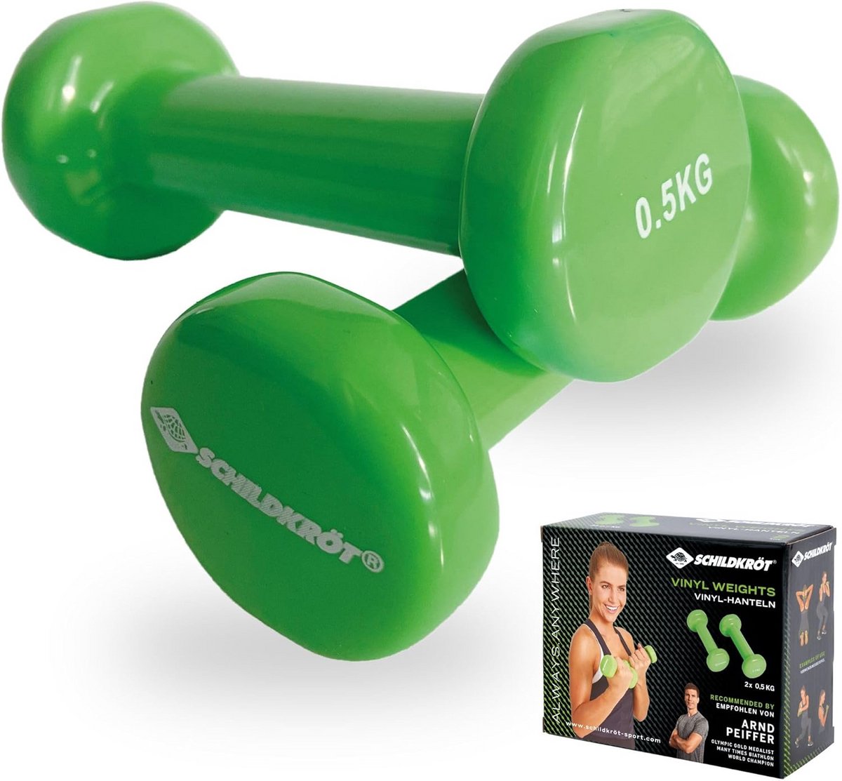 Schildkröt® Vinyl halters 0,5 kg set - ideaal voor gymnastiek-, aerobic- en fitnesstraining - twee rubberen halters - groen en antraciet