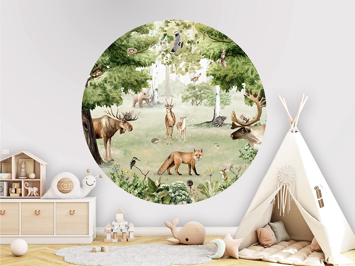 Muurcirkel - Kinderkamer - Ronde wanddecoratie - ø 100 cm - Bosdieren - Woodland Wonders