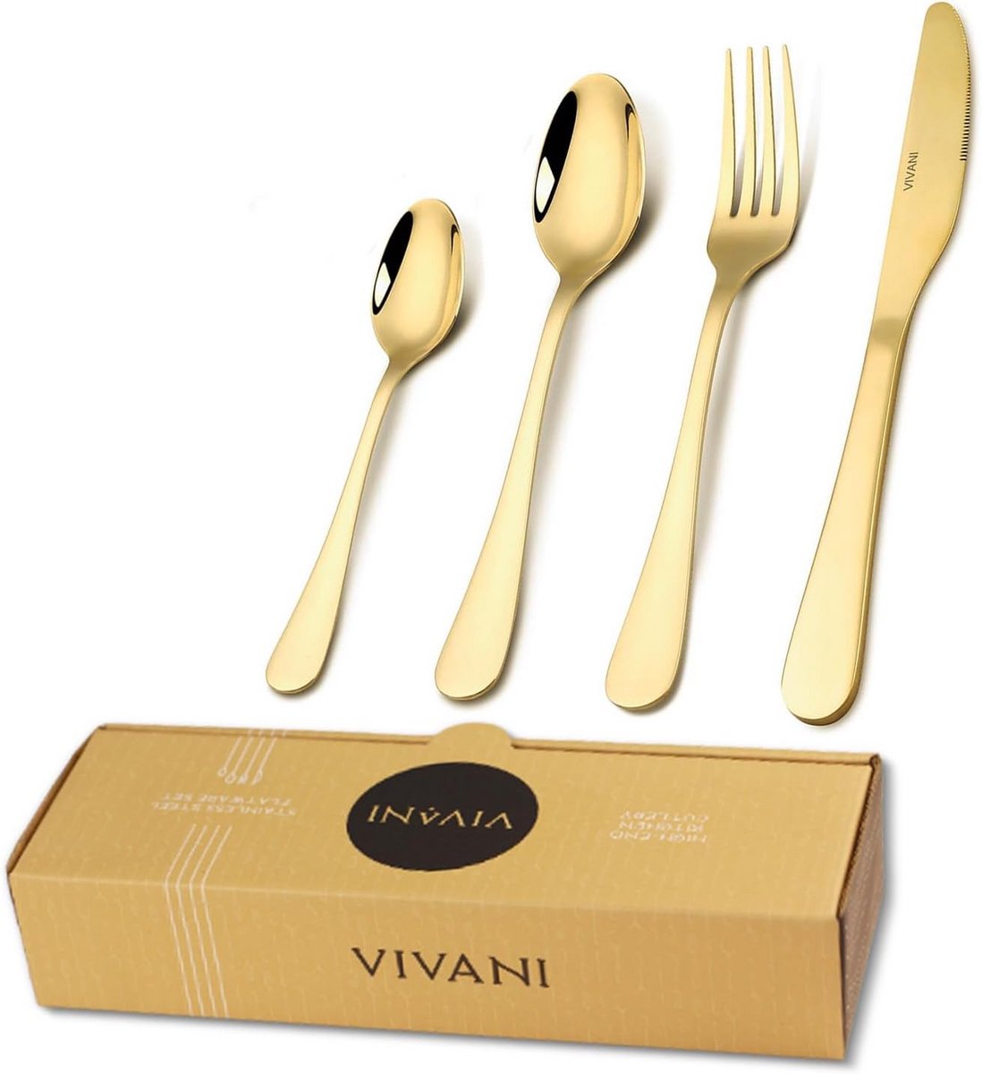 16-delige Gouden Bestekset RVS - Complete Servies voor 4 Personen - Spiegelafwerking
