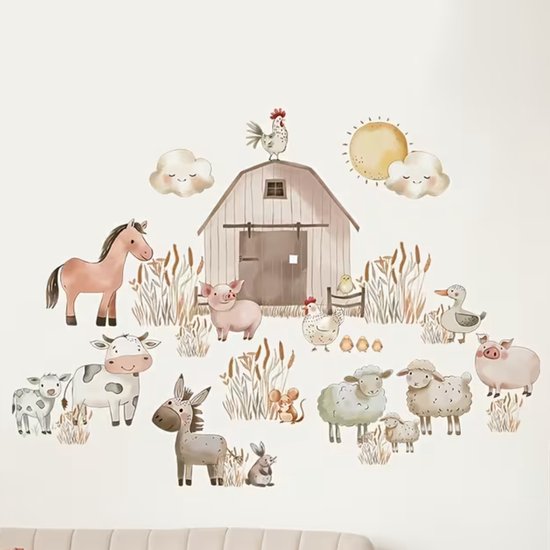 Muursticker 'Boerderij met Dieren' - 72x57cm - Zelfklevend PVC - Babykamer - Kinderkamer - Sticker - Muur Decoratie - Kind