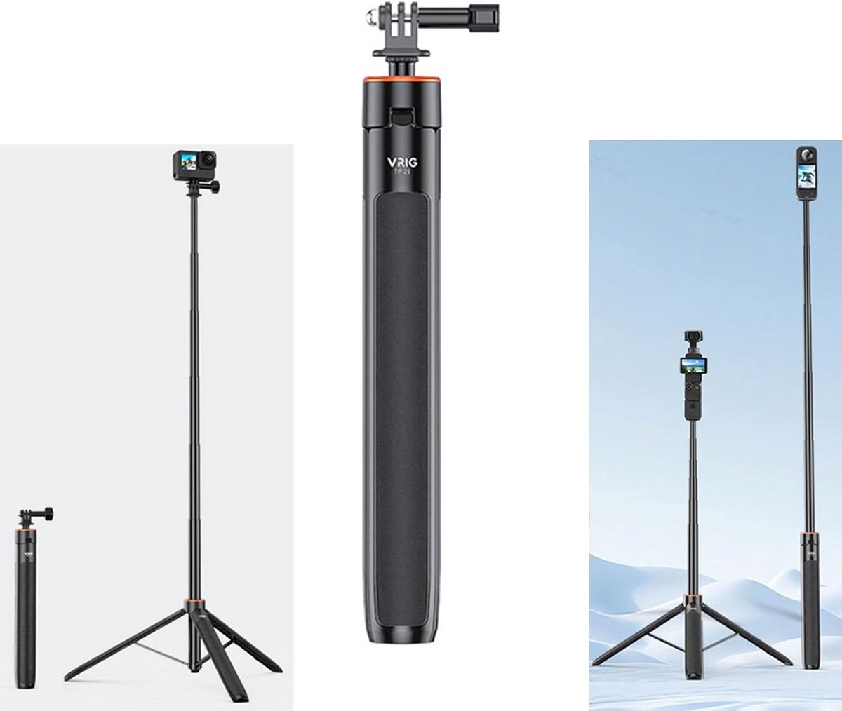 Uitschuifbaar statief en selfie stick voor actiecamera's - verstelbare lengte tot 138 cm