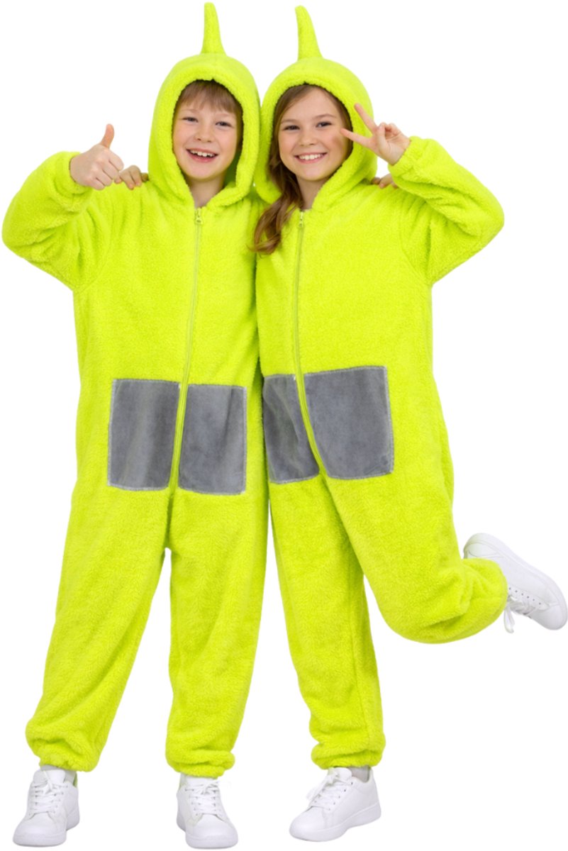 JOYAKIDS® Tele Onesie Kinderen | Groen Verkleedkostuum Kids | Carnavalskleding Jongens & Meisjes | Verkleedkleren Meisje Jongen | Pyjama Laa | Tubbie Kostuum Kind | Carnaval kleding | Verkleedkleding | Verkleed als Dip | Groepskostuum | Maat 130