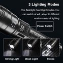 Drie modus-demonstraties van de zaklamp: 'Strong Light', 'Weak Light' en 'Strobe', met tekst '3 Lighting Modes'.