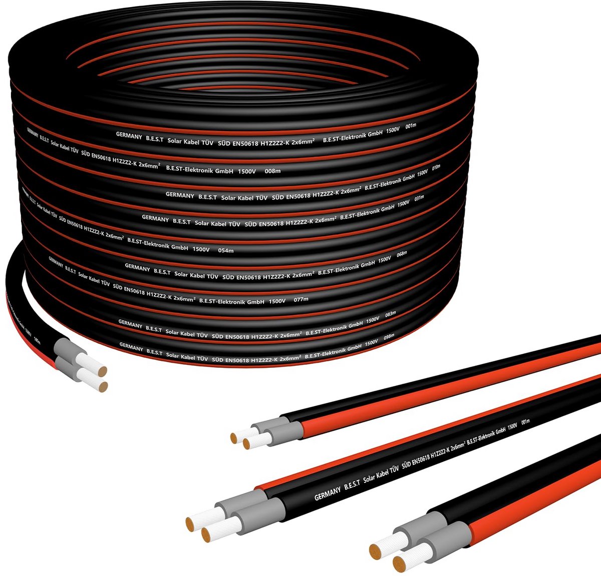 TÜV-gecertificeerde Zonne-kabel 6 mm2 Zwart en Rood voor Zonnepanelen