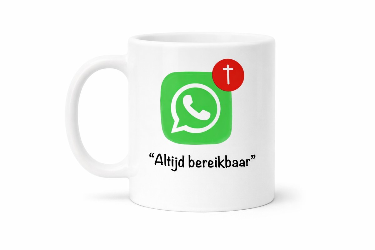 Christelijke mok – “ALTIJD BEREIKBAAR” – BEMOEDIGEND CADEAU – GELOOF & GEBED - Christelijk cadeau - Geloofsboodschap - Cadeau kerk - Cadeau met betekenis - Mok kantoor - Koffiemok - Theemok - Gebed - Bemoedigend cadeau -