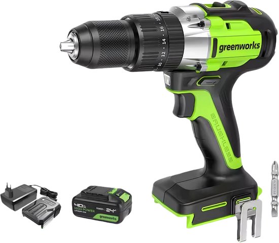 Greenworks Accuboormachine 24V - 60 Nm Max - Boormachine - 1/2-inch Broek - toerental 0-1750 tpm - 2 snelheden - Incl. 2 Accu's en 1 Snellader