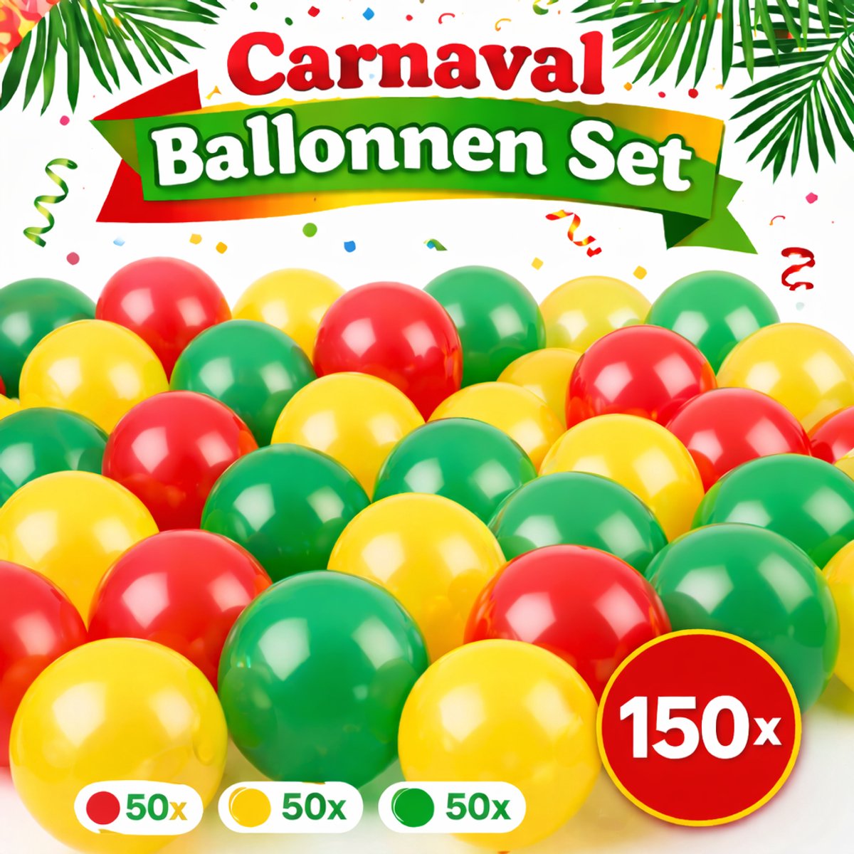 Latex Carnaval Ballonnen Set – 150 Stuks (50 Rood, 50 Geel, 50 Groen) – 12 Inch – Geschikt voor Lucht & Helium