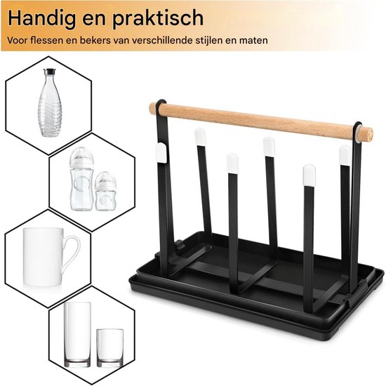 GELLDG Flessenrek - Flessenafdruiprek - 6 flessen - Droogrek - Met lekbak - Geschikt voor alle flessen en bekers - Zwart van Merkloos — afbeelding 4