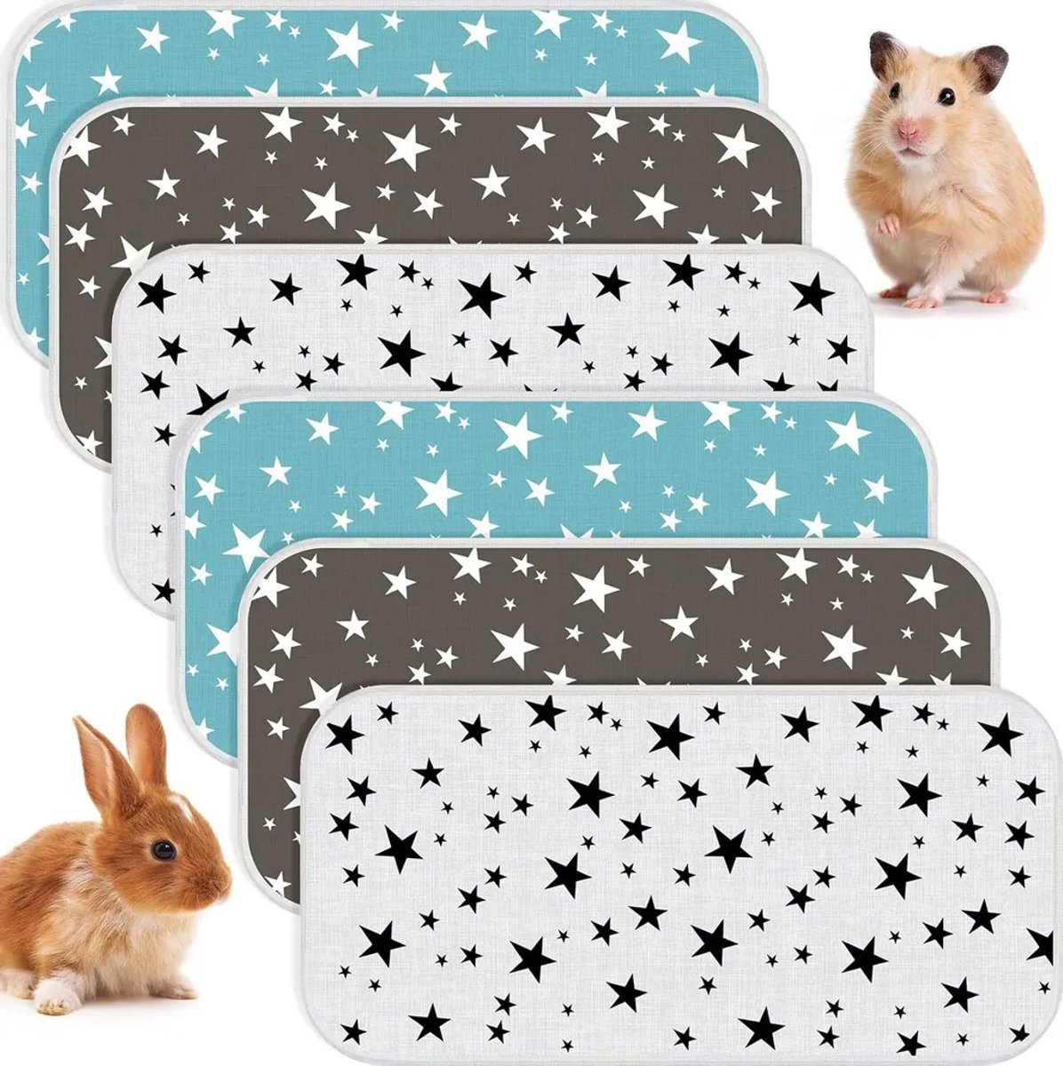 Set van 6 absorberende matjes voor caviakooien, herbruikbare, wasbare en waterdichte plasmatjes, geschikt voor kleine dieren zoals kittens en puppy's, 3 verschillende stijlen (50 x 70 cm)