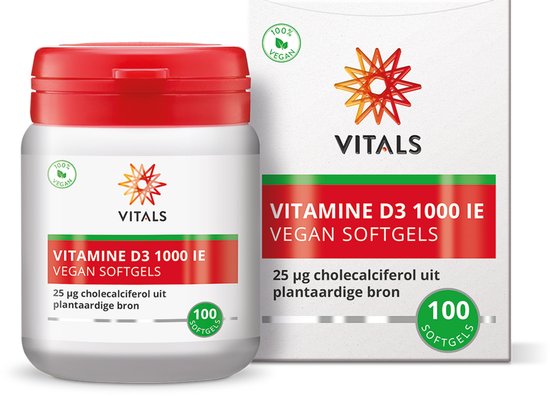 Vitals Vitamine D3 1000 IE Vegan Softgels pot met rode dop en doos, 100 softgels.