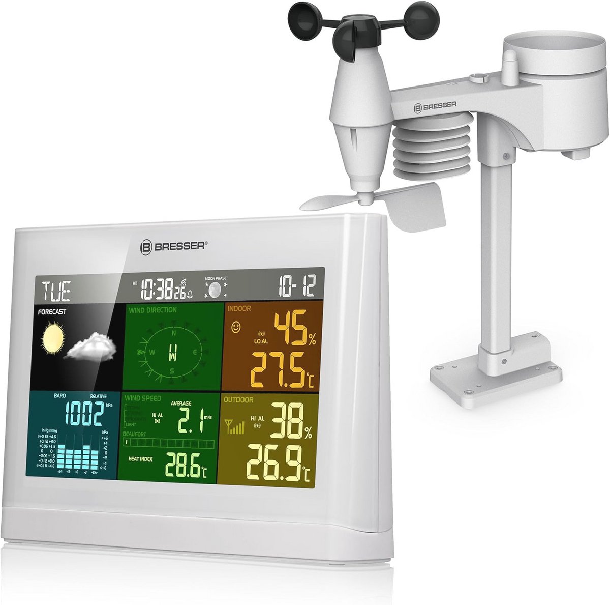 Draadloos weerstation met 5-in-1 buitensensor voor temperatuur, luchtdruk, luchtvochtigheid, windmeter en regenmeter