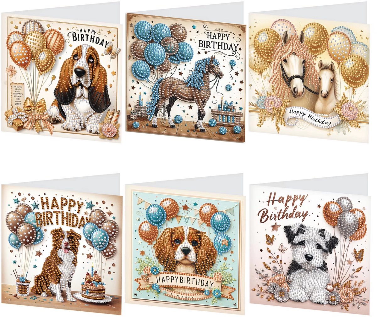 Diamond Painting Kaarten - Verjaardag - Hond en Paard - Dieren - Feest - Taart - Bal