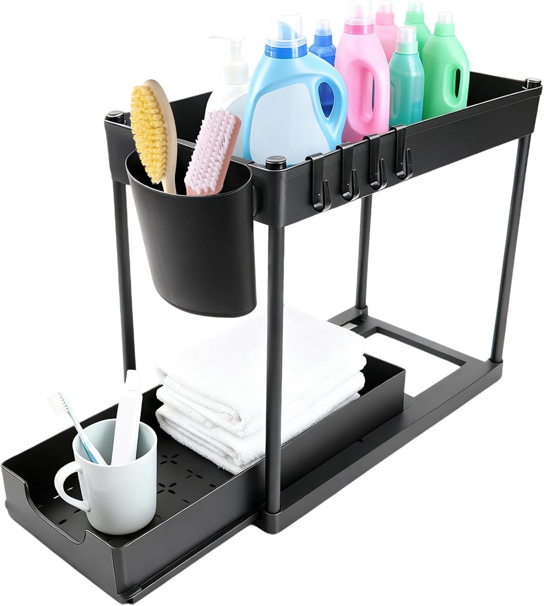 Famanu – Onder-gootsteen opbergrek met 2 lagen – Uittrekbare kastlade organizer – Praktische keuken- en badkameropslag voor schoonmaakartikelen – Zwart