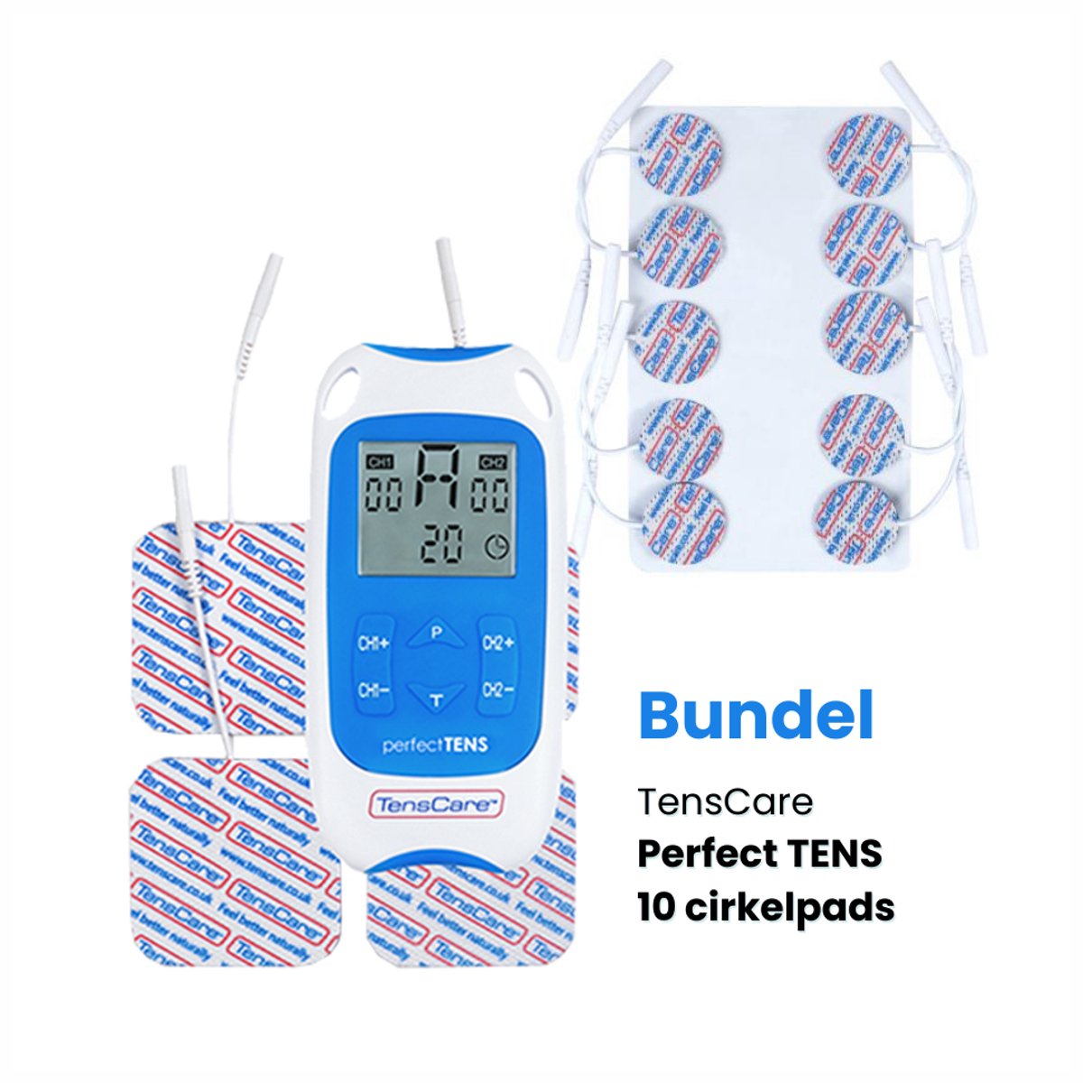 TensCare - Bundel Perfect TENS + 10 pads cirkelvorm (1 set) | TENS apparaat | Pijnverlichting | Elektrodentherapie | electroden pads tens | elektrodenpads | Zelfklevende Elektroden Pads |