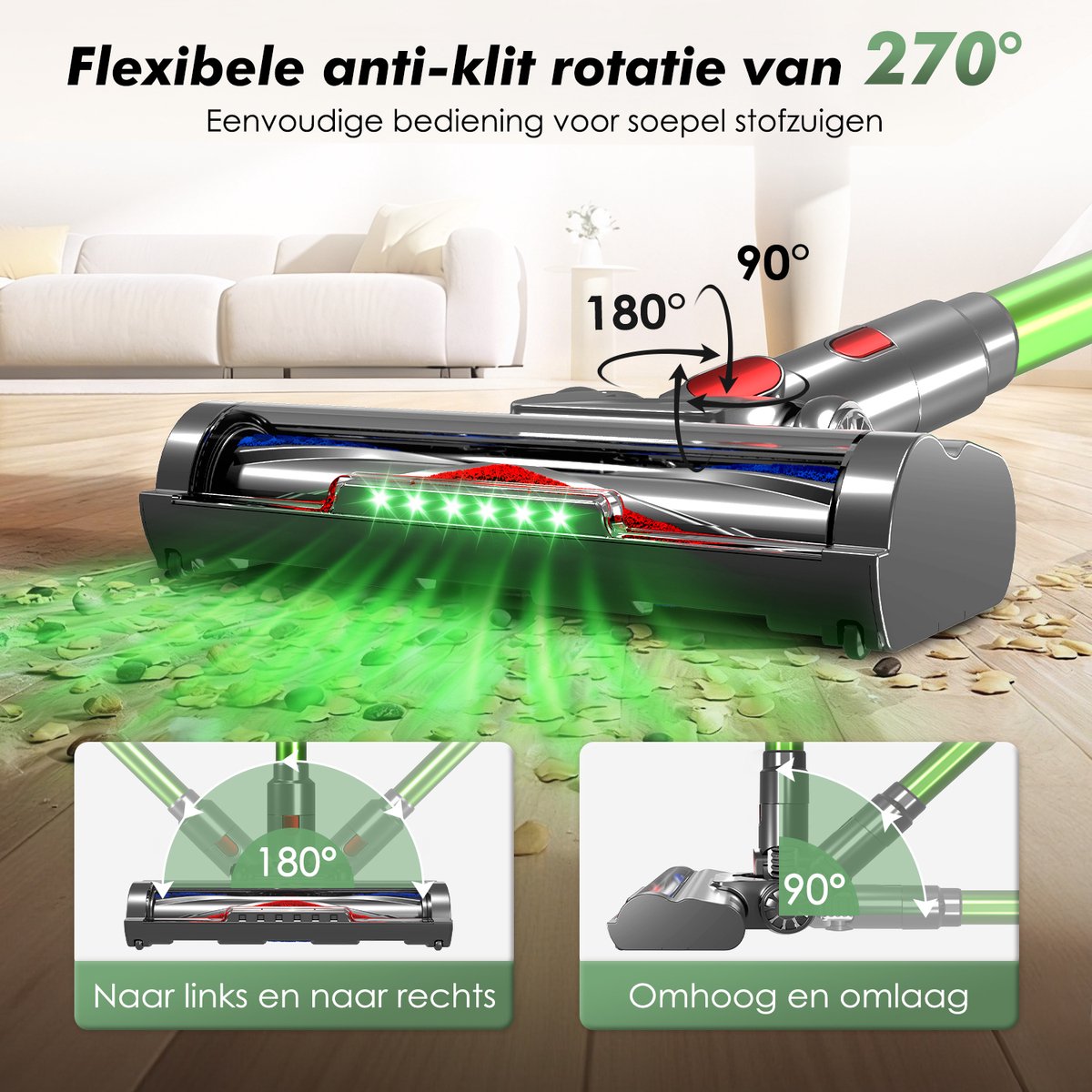 Fukstern Steelstofzuiger Draadloos - 38KPa krachtige zuigkracht - Tot 60 Min Accuduur - 4-voudig HEPA-Filtersysteem - 1,6L Stofreservoir - Anti-Klit Vloerborstel draadloze steelstofzuiger - groen – foto 7