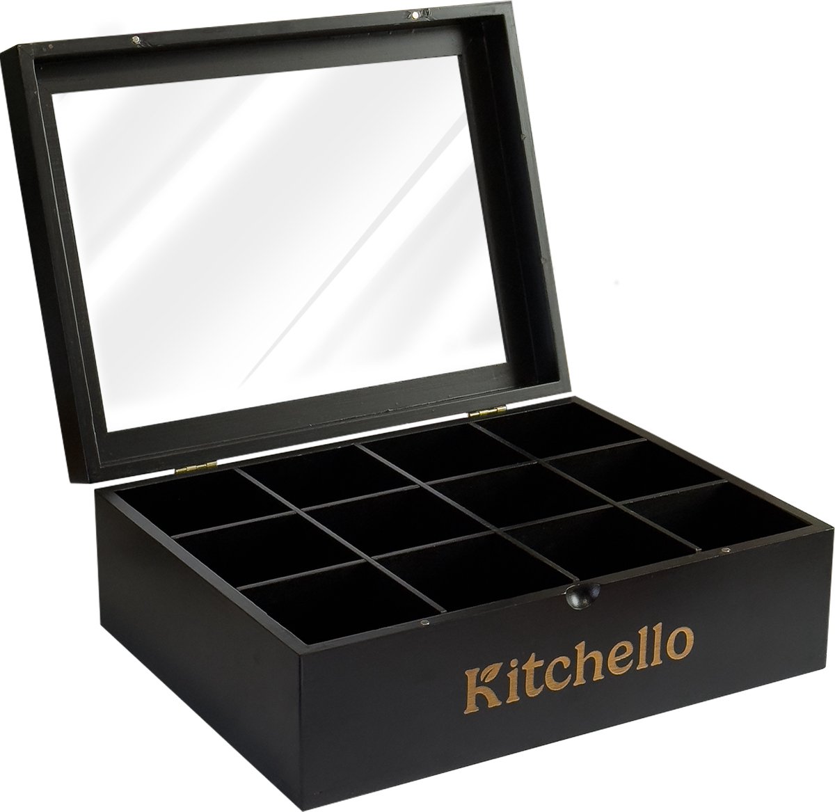 Theedoos 12 vakken - Bamboe - Houten Theedoos met Plexiglas - Magneetsluiting - Zwart - Kitchello