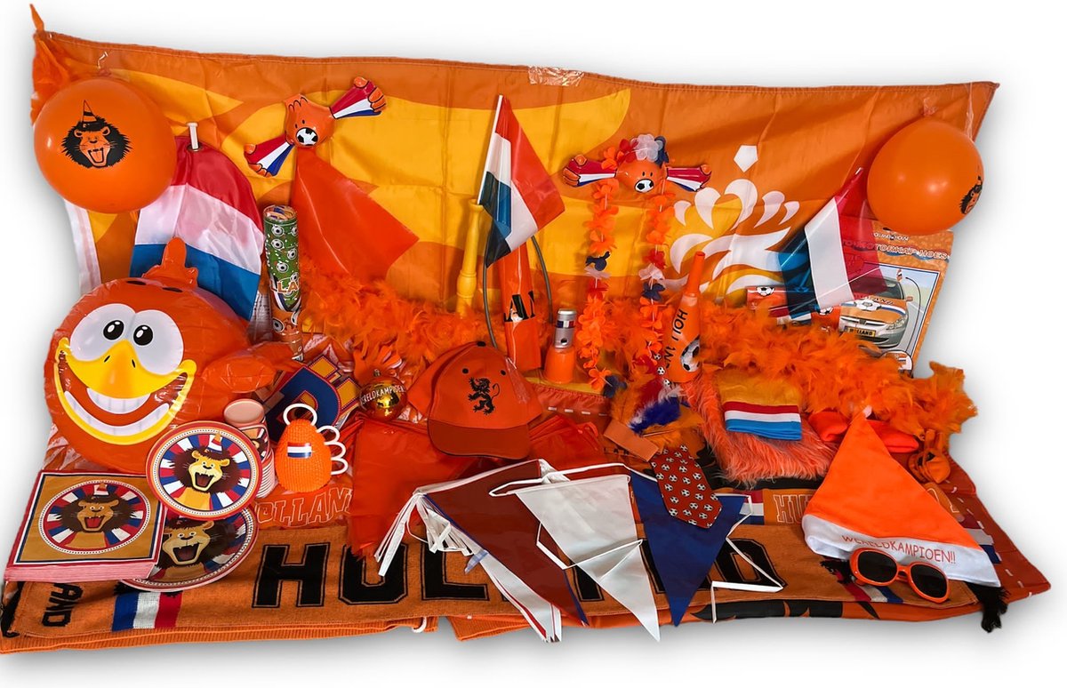 WK-pakket XL - 51-delig EK pakket voor de oranje supporter / WK2022 / vlaggenlijn 10 meter / vlag 150x100cm / oranje kerstmuts / oranje decoratie / oranje versiering / vlag 100x70cm / hoofdparaplu