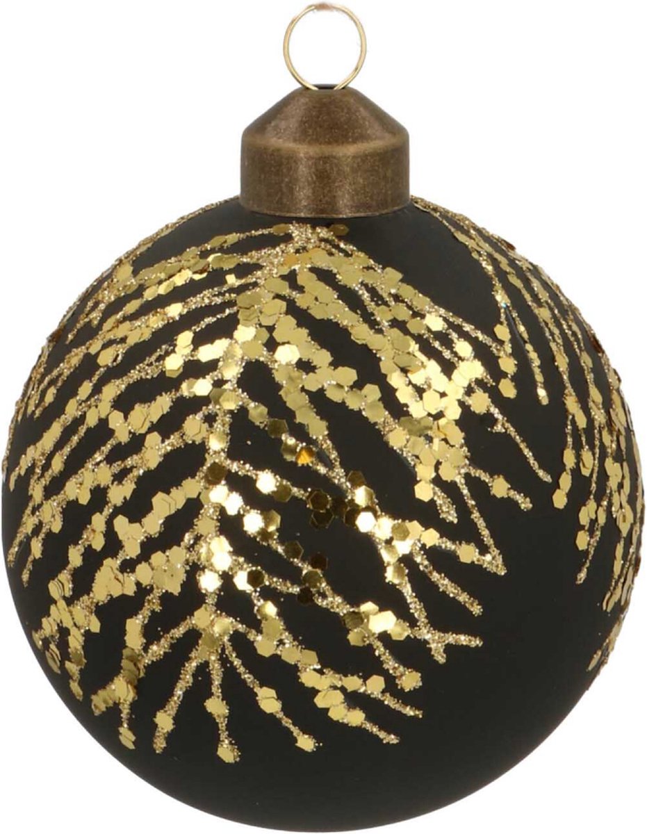 Oneiro's luxe Glazen kerstbal pailletten | Mat zwart | 8 cm - kerstbal - luxe verpakking – kerstcollectie – kerstdecoratie – kerstboomhanger – kerstversiering