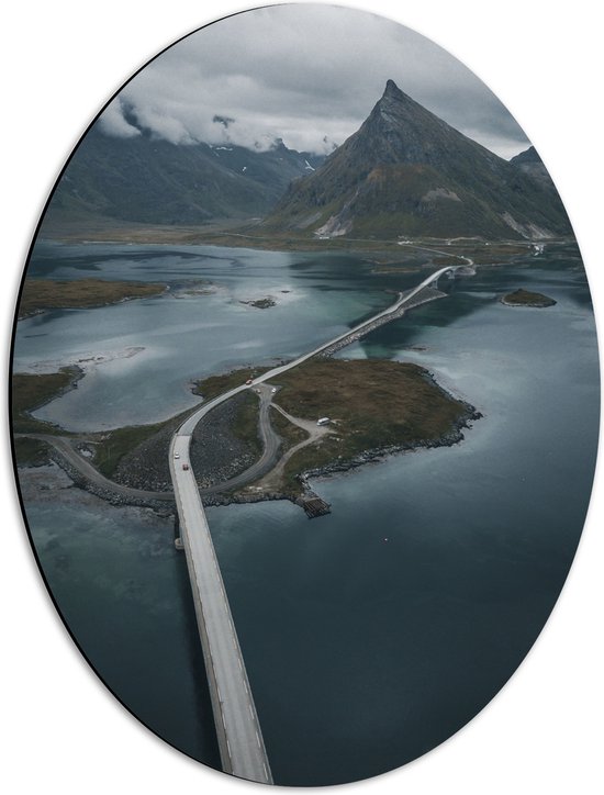 WallClassics - Dibond Ovaal - Bovenaanzicht Weg naar Berg - 42x56 cm Foto op Ovaal (Met Ophangsysteem)