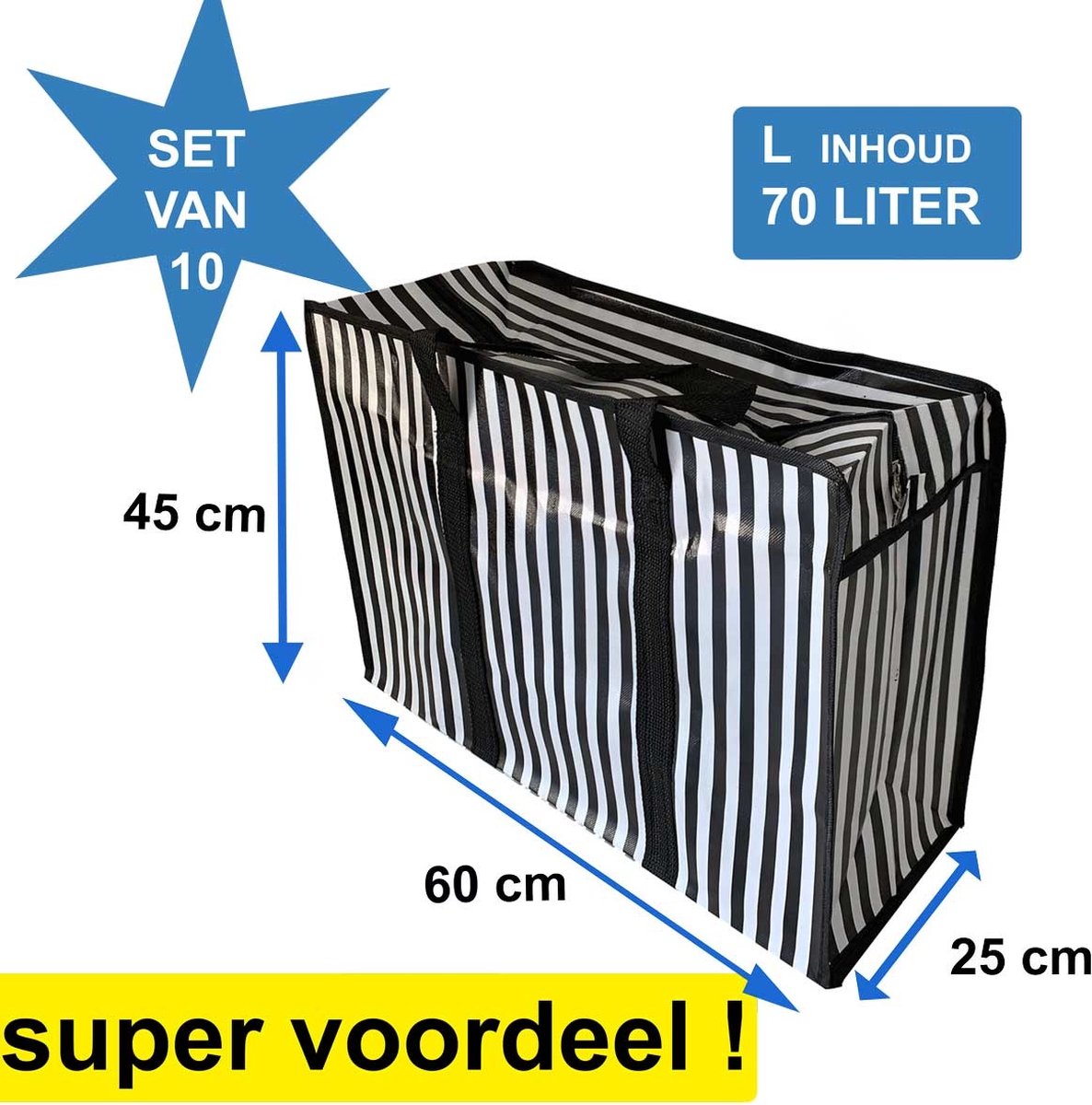 Big Shoppers Met Rits 10 Stuks 60 X 45 Cm Strepen Zwart Set Big Shoppers Met Rits 10 Stuks 60 X 45 Cm Strepen Zwart Set