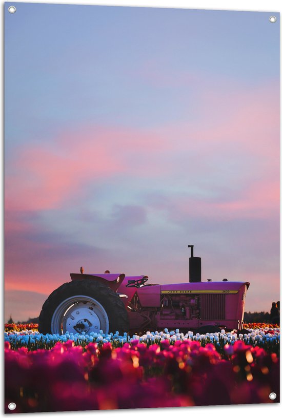 WallClassics - Tuinposter – Roze Traktor in Felkleurend Bloemenveld - 80x120 cm Foto op Tuinposter  (wanddecoratie voor buiten en binnen)