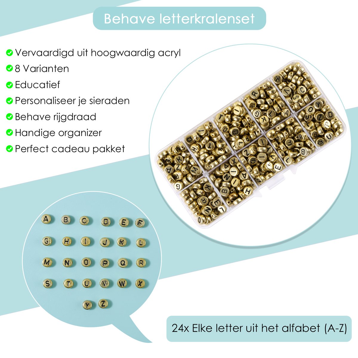 Behave Letterkralen Set - Goud met Zwarte Letters - Acryl - Kralen - Alfabet Kralen - Bedels - 7mm - 624 Stuks — afbeelding 2