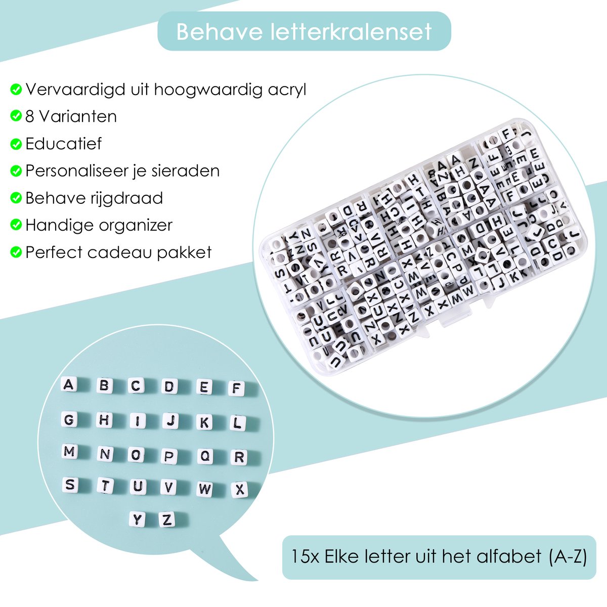 Behave Vierkante Letterkralen Set - Wit met Zwarte Letters - Acryl - Kralen - Alfabet Kralen - 6mm - 390 Stuks — afbeelding 2