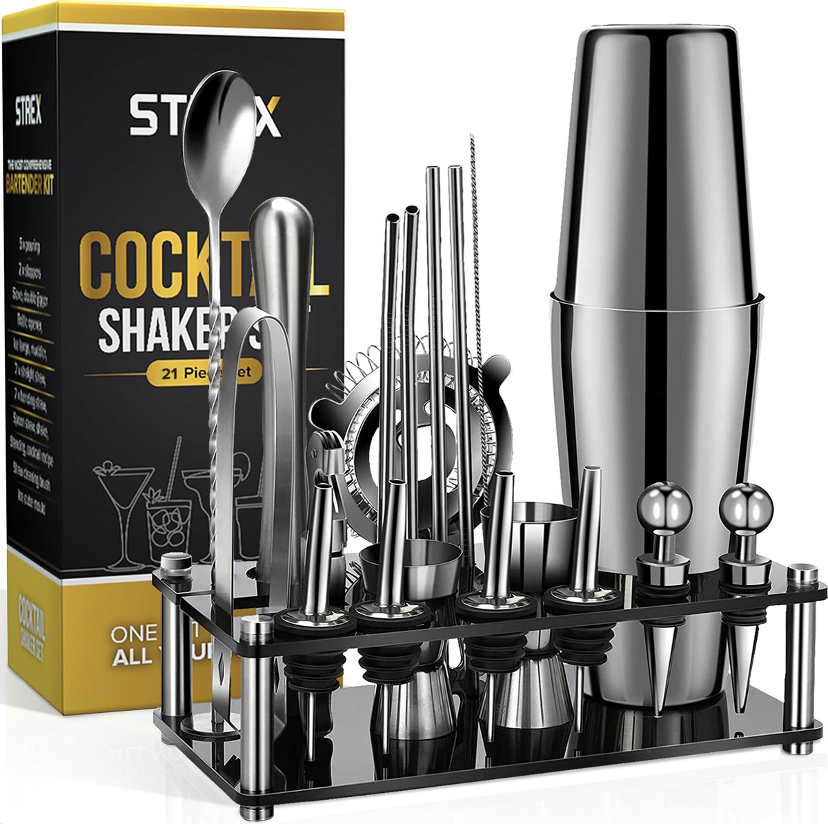 Strex Cocktail Set Argent Acier Inoxydable 21 Pièces (750ml) - Incl. Livre  de recettes