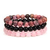 Ensemble de Bracelets de pierres précieuses Set Gems Matrix Rhodonite + Onyx + Quartz rose - Bracelets de perles - Cadeau pour Noël - Cadeau pour Saint Nicolas - Cadeau pour Cheveux