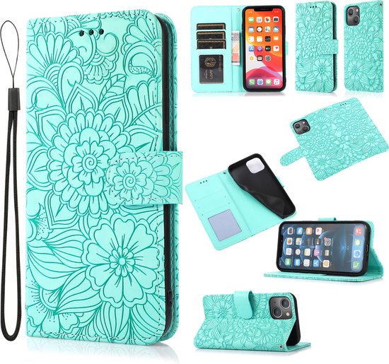 Telefoonhoesje voor Apple iPhone 14 Pro | Hoogwaardig PU Leren Bookcase | Lederen Wallet Case | Pasjeshouder | Bloemen Patroon | Licht Blauw