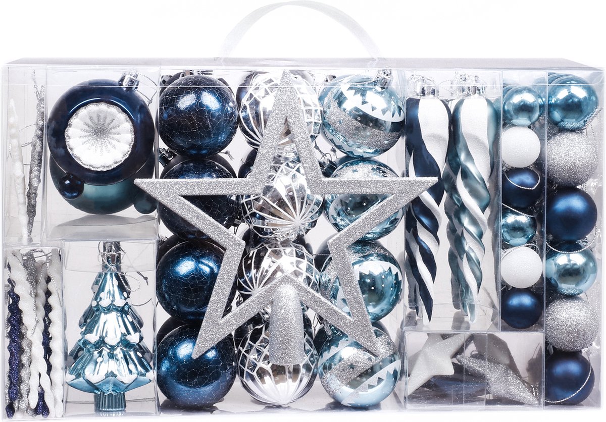 JMP Collections | Kerstballen | 100 Delige set | Kerstversiering | Onbreekbare kerstballen | Plastic | Kunststof | Blauw & Zilver