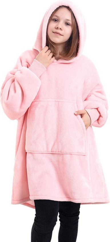 pink hoodie deken kinderen - fleece deken met mouwen - ultrazachte binnenkant - snuggie - one size fits all - kids - energie besparen