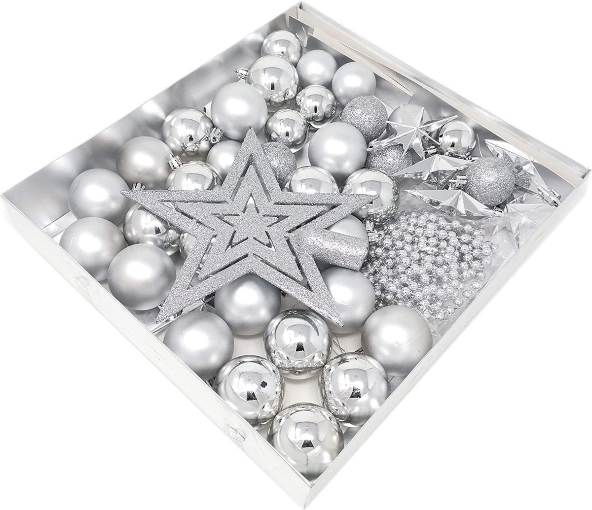 ToCi Kerstboomversiering kerstballen sterren parelketting 45-delige set (zilver)