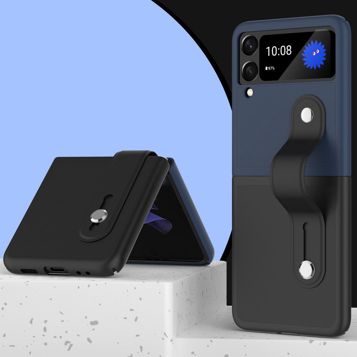Zwart siliconen hoesje met handvat geschikt voor Samsung Galaxy Z Flip 4 hoesje / Galaxy Flip 4 hoesje - Anti-slip systeem - Siliconen case zwart en blauw gekleurd