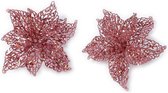 2x décorations étoile de Noël fleurs roses paillettes sur clip 18 cm - Décoration fleurs/Décorations de sapin de Noël/Décorations de Noël