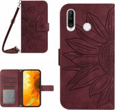 Voor Huawei P30 Lite Skin Feel Sun Flower Pattern Flip lederen telefoonhoes (wijnrood)