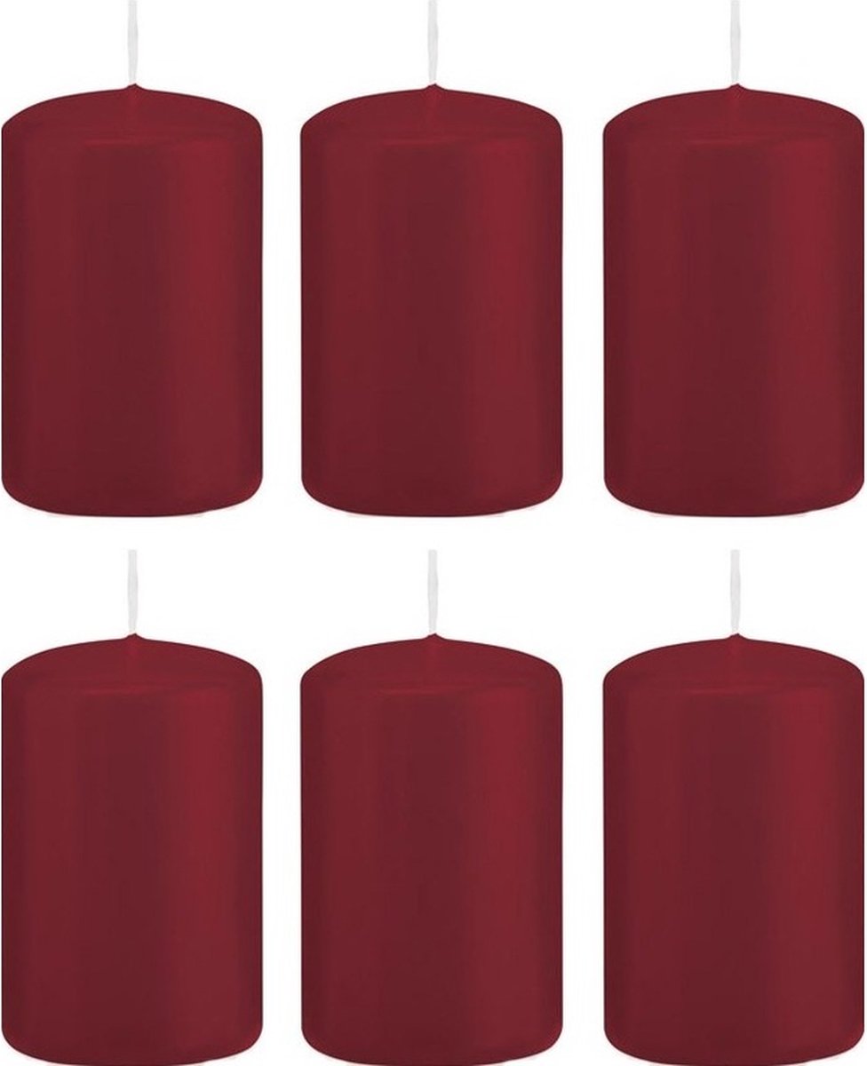 Trend Candles Cilinderkaars/stompkaars - 6x - bordeauxrood - 5 x 8 cm - 18 branduren - met brandvertragende folie Bordeaux rood